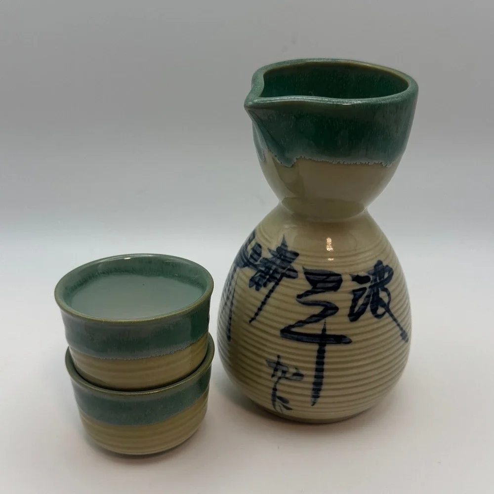 Vintage Kotobuki Japan Porcelain sake Carafe Cups Green Drip Glaze Asian Pottery